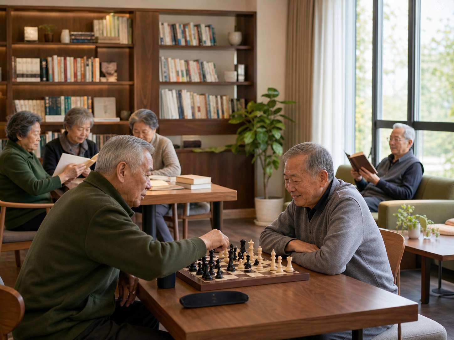 长者们在社区公共空间阅读和下棋