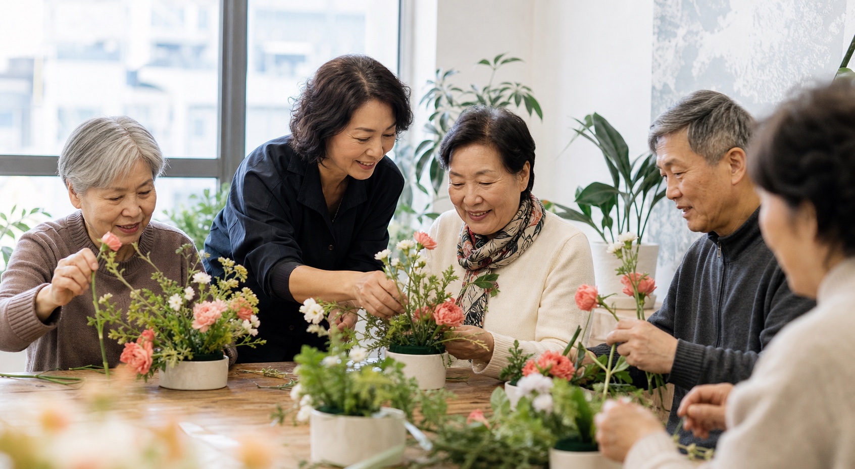 长者们在社区活动室一起插花